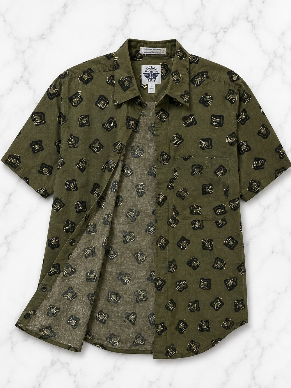 Dockers Olive Short-Sleeve Button-Down with Black Abstract Print